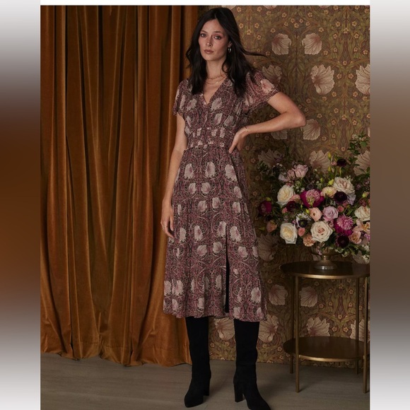 PAIGE x Morris & Co. Holland Dress Pink/Mauve Multi Silk Size M - Picture 4 of 12